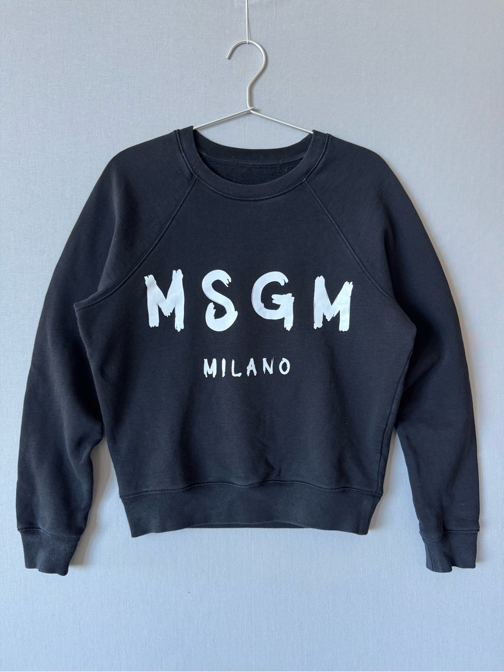 MSGM Black Crewneck Sweatshirt with White Logo Print on Front - Made in Italy